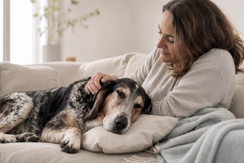 Älterer Hygenbracke liegt entspannt auf dem Sofa, während sein Besitzer ihn liebevoll streichelt.