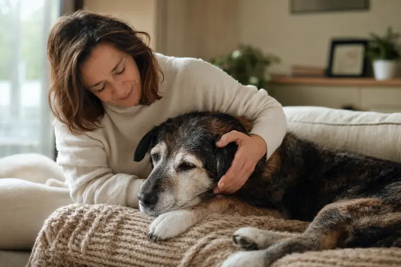 Ein älterer Hygenhund liegt entspannt auf einem gemütlichen Sofa, während sein Besitzer ihn liebevoll streichelt und eine warme Lichtstimmung das ruhige Zuhause umgibt.