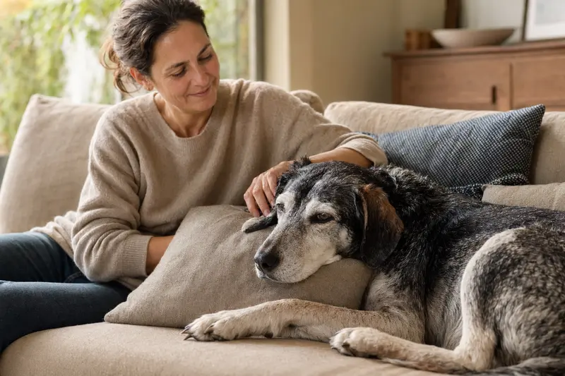 Ein älterer Hygenlaufhund entspannt auf einem gemütlichen Sofa, während sein Besitzer ihn liebevoll streichelt.