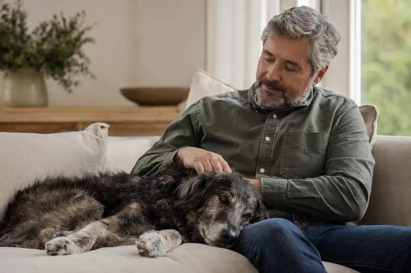 Ein älterer Illyrischer Schäferhund liegt entspannt auf einem Sofa, während sein Besitzer ihn liebevoll streichelt.