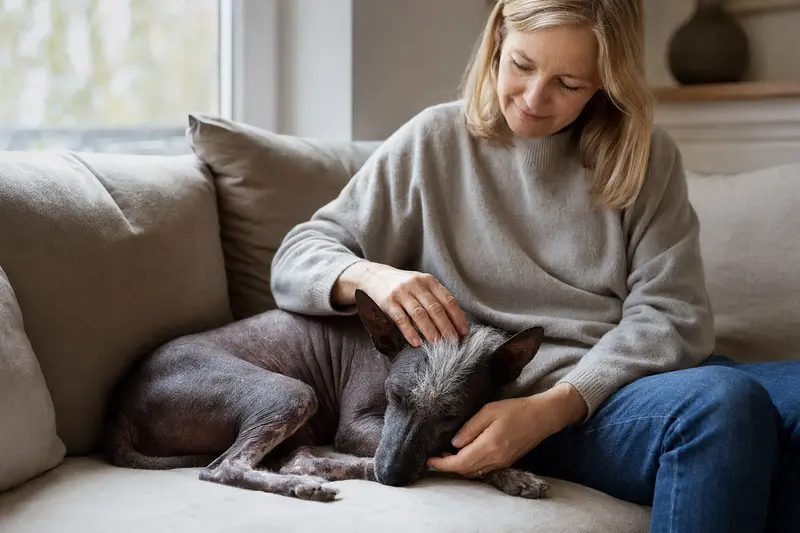 Älterer Inka-Nackthund liegt entspannt auf dem Sofa, während seine Besitzerin ihn liebevoll streichelt.