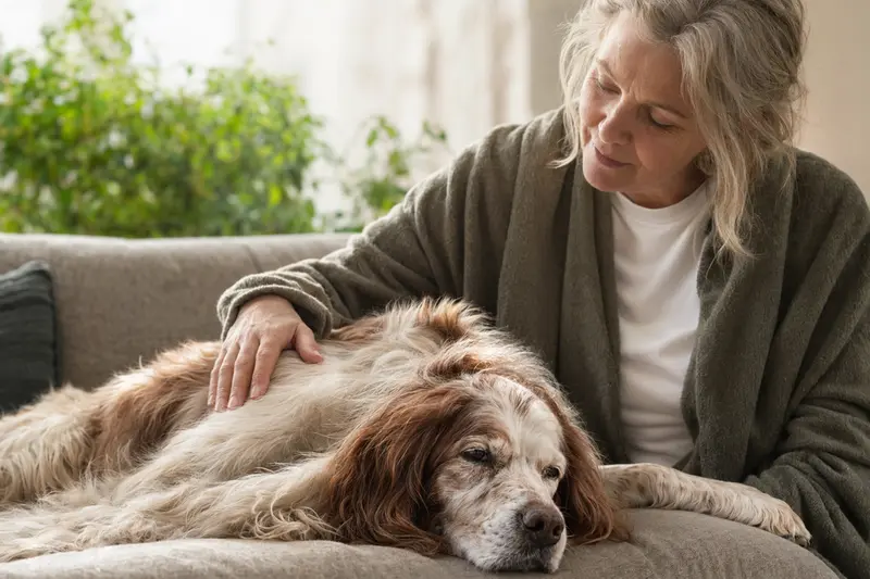 Ein älterer Irischer Rot-Weißer Setter liegt entspannt auf einem gemütlichen Sofa, während sein Besitzer ihn liebevoll streichelt.