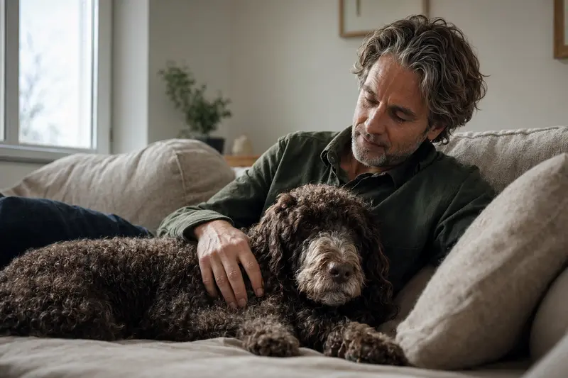 Ein älterer Irischer Wasserspaniel liegt entspannt auf einem Sofa, während sein Besitzer ihn liebevoll streichelt.
