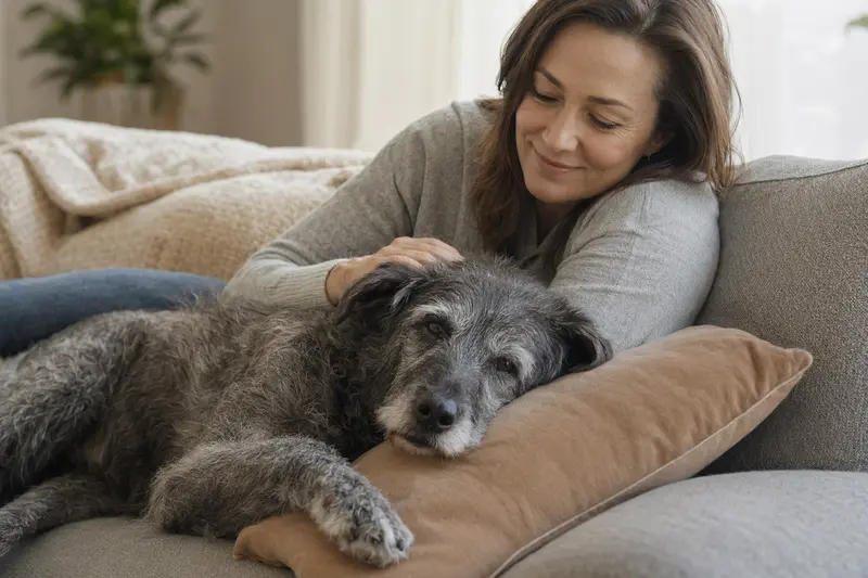 Ein älterer Irish Blue Terrier Hund liegt entspannt auf einem gemütlichen Sofa, während sein Besitzer ihn liebevoll streichelt.
