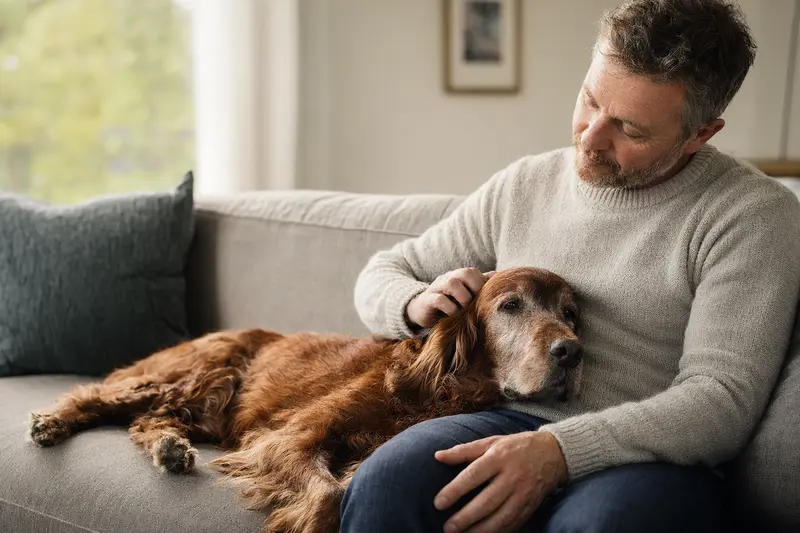 Ein älterer Irish Setter Hund entspannt auf einem gemütlichen Sofa, während sein Besitzer ihn liebevoll streichelt.
