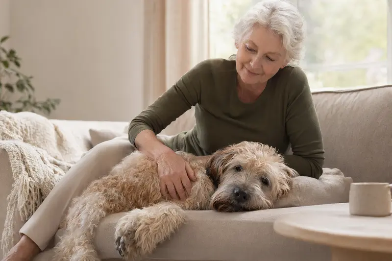 Ein älterer Irish Soft-Coated Wheaten Terrier liegt entspannt auf einem Sofa, während sein Besitzer ihn liebevoll streichelt.