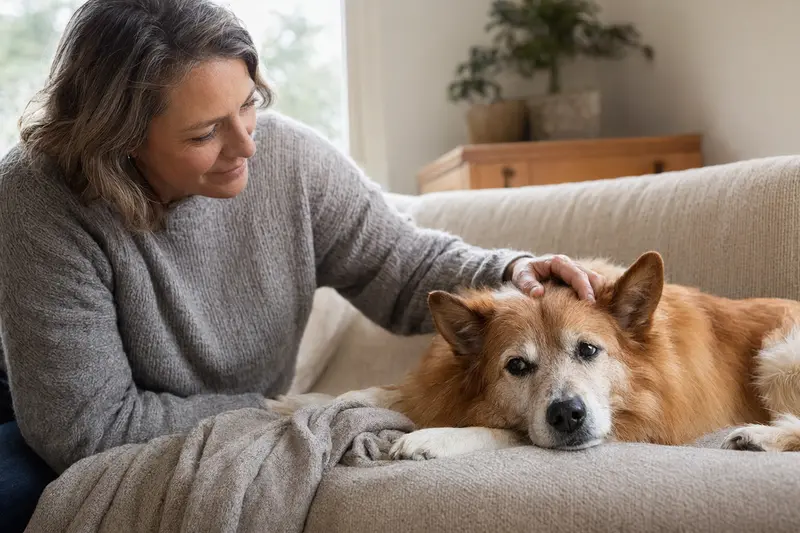 Ein älterer Isländischer Spitz Hund liegt entspannt auf einem Sofa, während sein Besitzer ihn liebevoll streichelt.