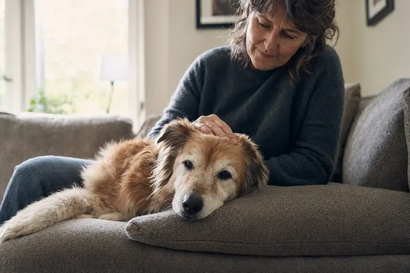 Ein älterer Islandhund liegt entspannt auf einem Sofa, während sein Besitzer ihn liebevoll streichelt.