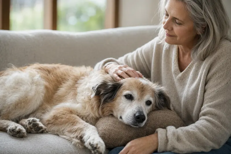 Ein älterer Israel Spitz Hund entspannt auf einem Sofa, während sein Besitzer ihn liebevoll streichelt.