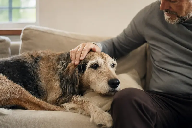 Ein älterer Istarski Ostrodlaki Gonic Hund relaxt auf einem Sofa, während sein Besitzer ihn streichelt.