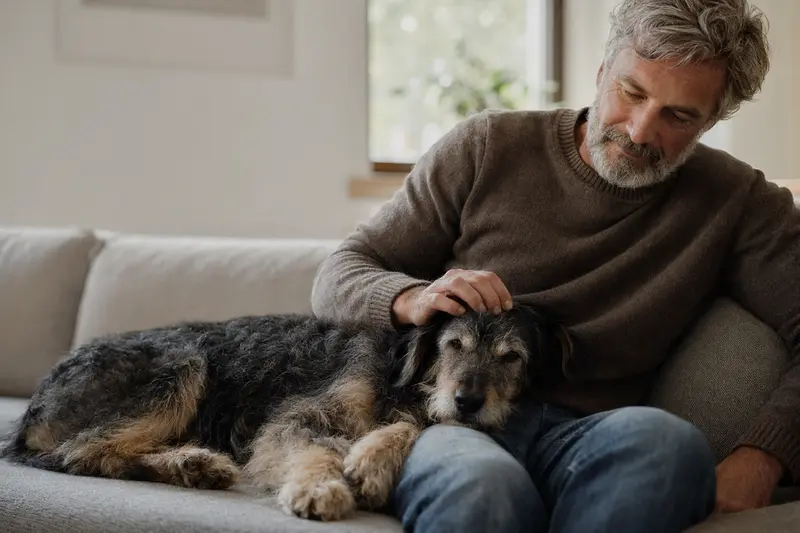 Ein älterer Istrianer Schäferhund liegt entspannt auf einem gemütlichen Sofa, während sein Besitzer ihn liebevoll streichelt.