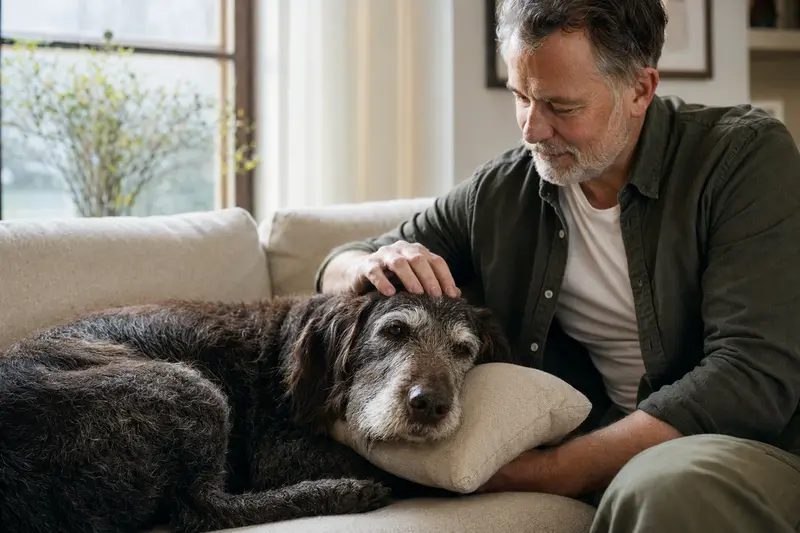 Ein älterer Italienischer Rauhhaariger Vorstehhund liegt entspannt auf einem Sofa, während der Besitzer ihn liebevoll streichelt.