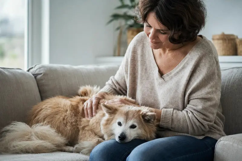 Ein älterer Italienischer Spitz Hund liegt entspannt auf einem Sofa, während sein Besitzer ihn liebevoll streichelt und eine warme Lichtstimmung das ruhige Zuhause unterstreicht.