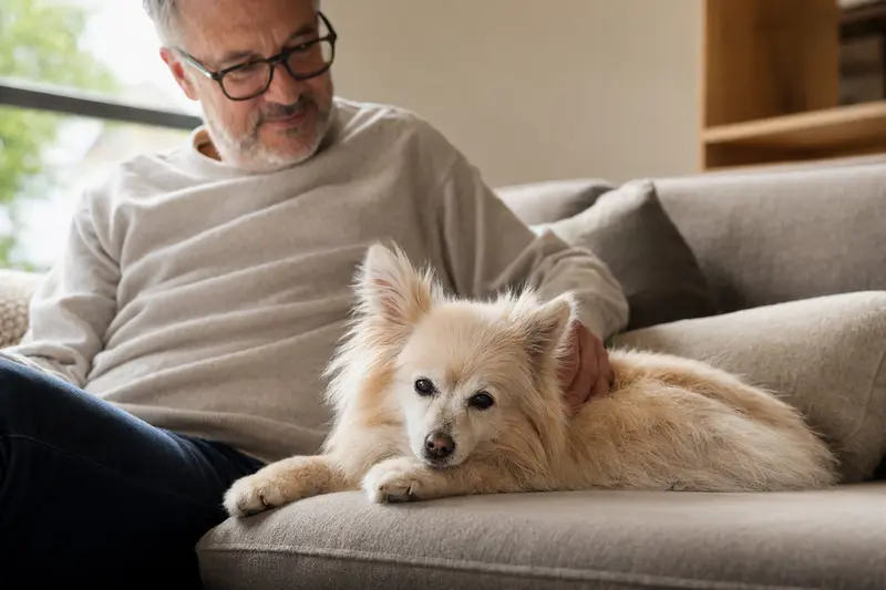 Ein älterer italienischer Volpino Hund liegt entspannt auf einem Sofa, während sein Besitzer ihn liebevoll streichelt.
