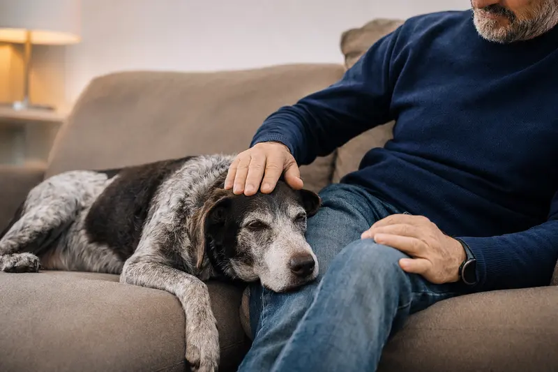 Ein älterer Italienischer Vorstehhund liegt entspannt auf einem gemütlichen Sofa, während sein Besitzer ihn liebevoll streichelt.