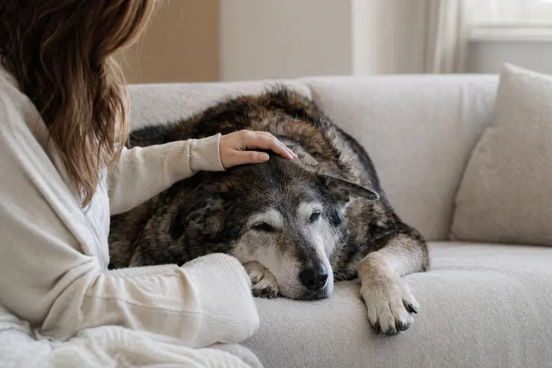 Ein älterer Italienischer Wolfhund liegt entspannt auf einem Sofa, während sein Besitzer ihn liebevoll streichelt.