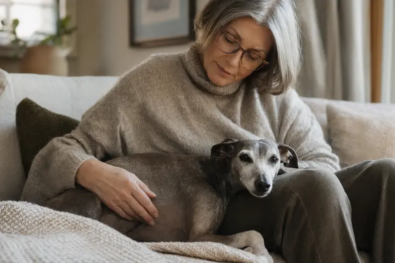 Ein älterer Italienisches Windspiel Hund entspannt auf einem Sofa, während sein Besitzer ihn liebevoll streichelt.