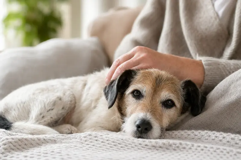 Ein älterer Jack Russell Terrier liegt entspannt auf einem gemütlichen Sofa, während sein Besitzer ihn liebevoll streichelt.