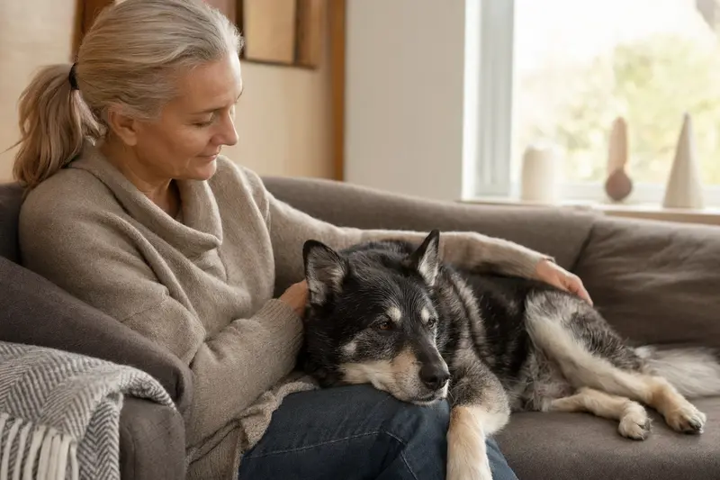 Ein älterer Jämthund liegt entspannt auf einem Sofa, während sein Besitzer ihn liebevoll streichelt.