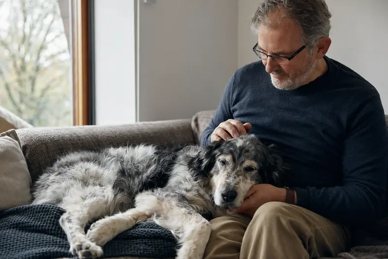 Ein älterer Jämtländer Hund entspannt auf einem Sofa, während sein Besitzer ihn liebevoll streichelt und Fürsorge ausstrahlt.