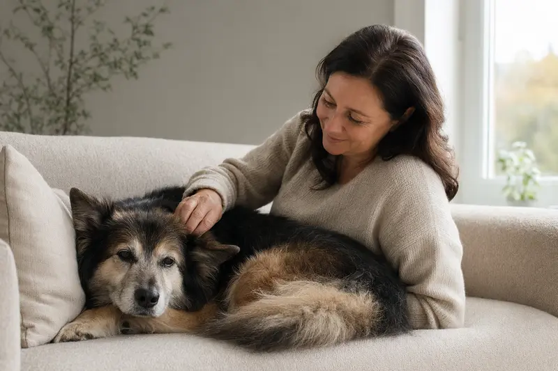 Ein älterer Jakutischer Laika Hund liegt entspannt auf einem Sofa, während sein Besitzer ihn liebevoll streichelt.