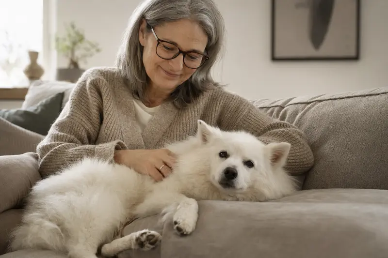 Ein älterer Japan Spitz Hund entspannt auf einem Sofa, während sein Besitzer ihn liebevoll streichelt.