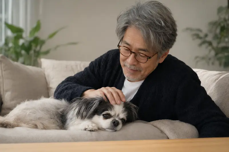 Ein älterer Japaner-Chin Hund liegt entspannt auf einem Sofa, während sein Besitzer ihn liebevoll streichelt.