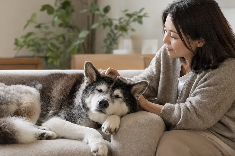Ein älterer Japanischer Akita Hund liegt entspannt auf einem Sofa, während sein Besitzer ihn liebevoll streichelt und eine warme Lichtstimmung erzeugt.