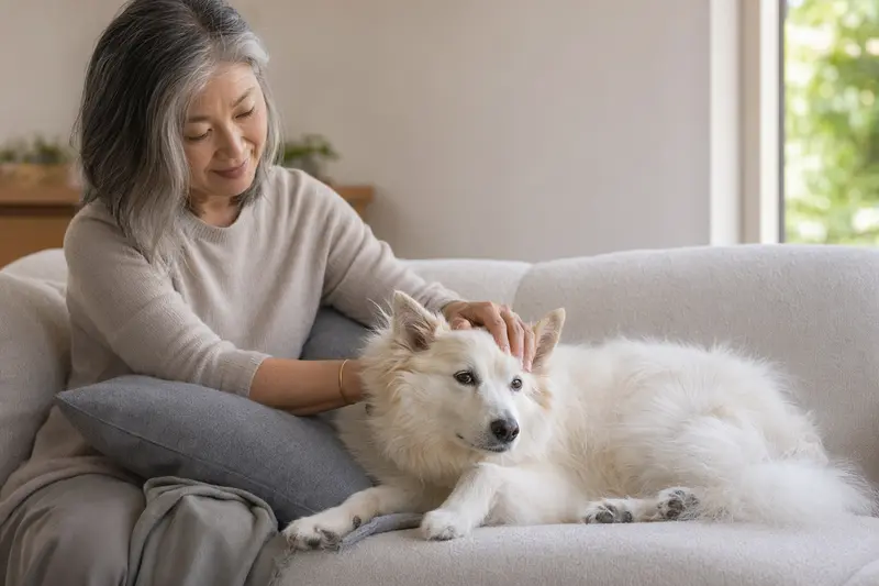 Ein älterer Japanischer Spitz Hund liegt entspannt auf einem gemütlichen Sofa, während sein Besitzer ihn liebevoll streichelt.