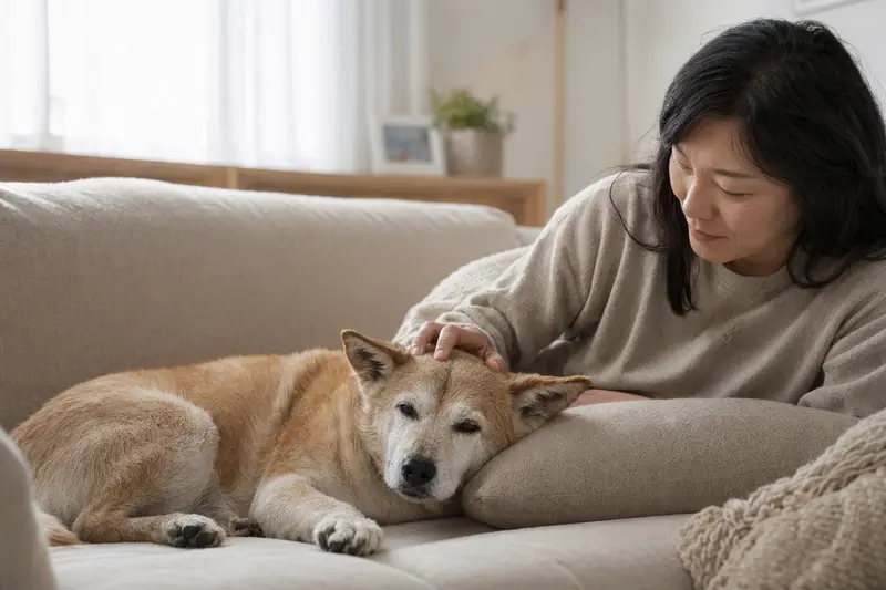Älterer Jindo Hund liegt entspannt auf dem Sofa, während sein Besitzer ihn liebevoll streichelt.