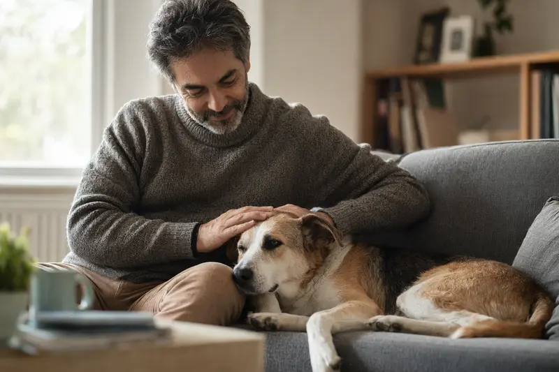 Ein älterer Jonangi Hund liegt entspannt auf einem gemütlichen Sofa, während sein Besitzer ihn liebevoll streichelt.