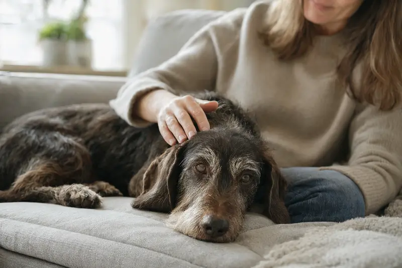 Ein älterer Jura Niederlaufhund entspannt auf einem Sofa, während sein Besitzer ihn liebevoll streichelt.