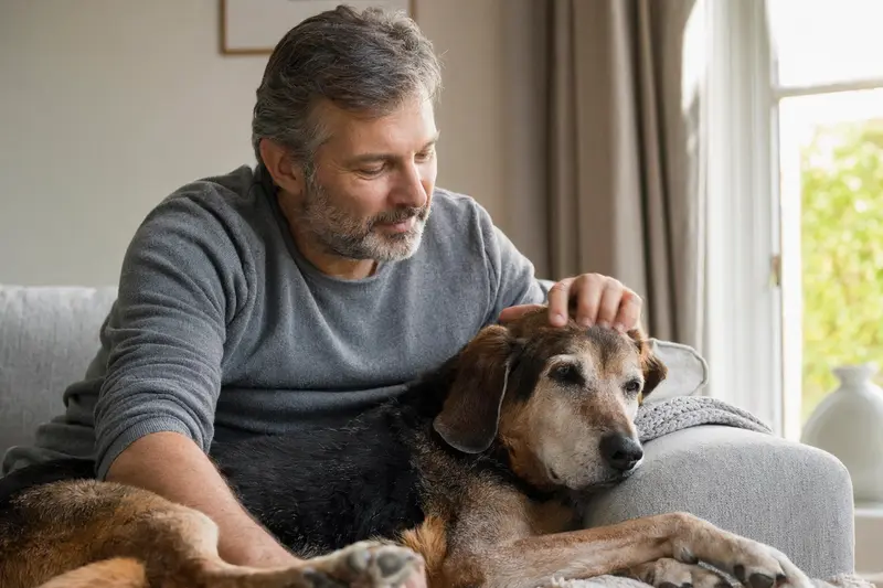 Ein älterer Jura Laufhund liegt entspannt auf einem gemütlichen Sofa, während sein Besitzer ihn liebevoll streichelt.
