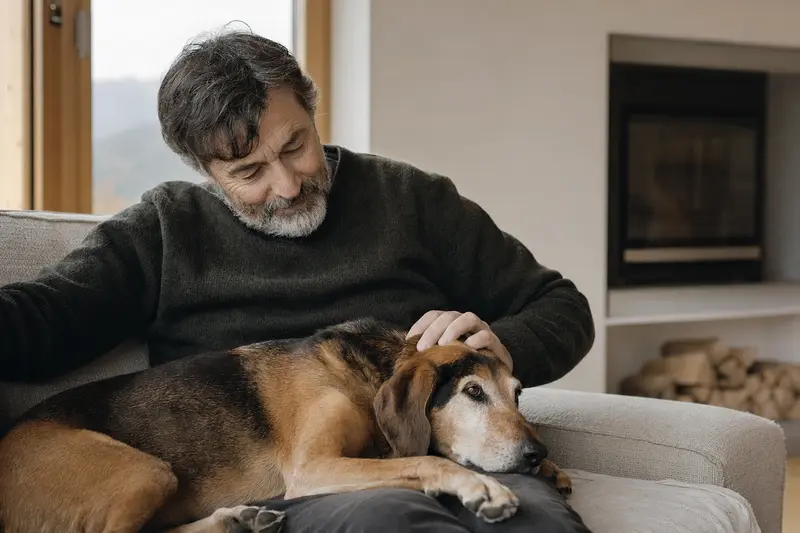 Ein älterer Kärntner Bracke Hund liegt entspannt auf einem gemütlichen Sofa, während sein Besitzer ihn liebevoll streichelt.