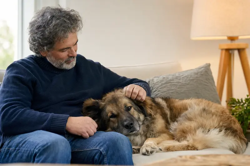 Ein älterer Kafkas-Hund liegt entspannt auf einem Sofa, während sein Besitzer ihn liebevoll streichelt.