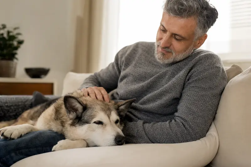 Ein älterer Kai Inu Hund entspannt auf einem gemütlichen Sofa während sein Besitzer ihn liebevoll streichelt.