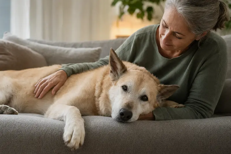 Ein älterer Kanaanhund liegt entspannt auf einem Sofa, während sein Besitzer ihn streichelt und eine warme, sichere Atmosphäre schafft.
