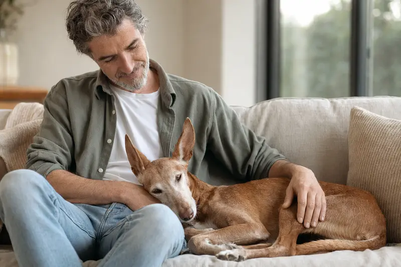 Älterer Kanarischer Podenco liegt entspannt auf einem Sofa, während sein Besitzer ihn liebevoll streichelt, in einer warmen und sicheren Wohnatmosphäre.