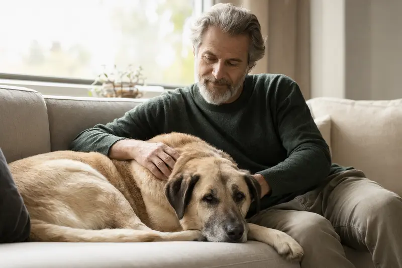 Ein älterer Kangal Hund entspannt auf einem gemütlichen Sofa, während sein Besitzer ihn liebevoll streichelt.