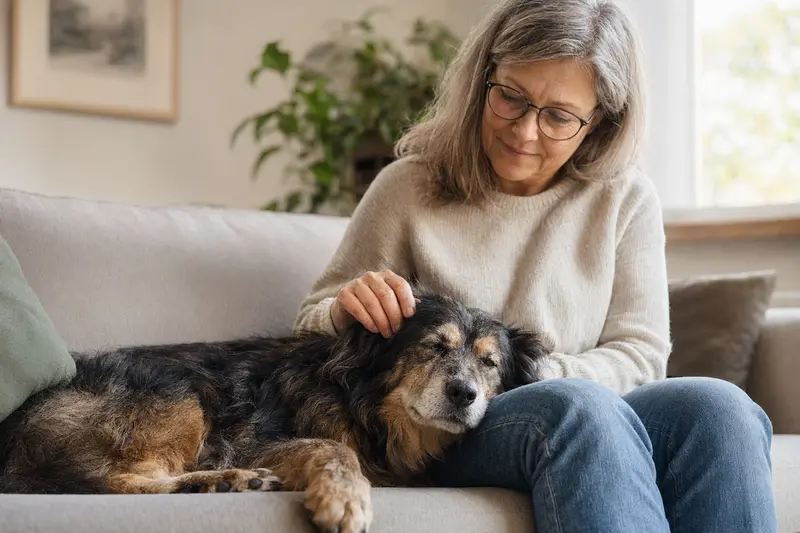 Ein älterer Karabas Hund liegt entspannt auf einem Sofa, während sein Besitzer ihn liebevoll streichelt und eine warme, sicherheitsvolle Atmosphäre entsteht.
