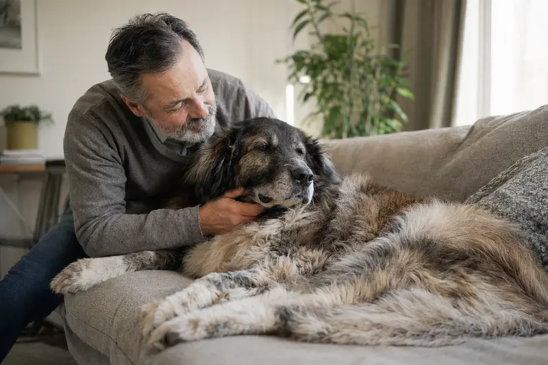 Älterer Karakatschan Bulgarischer Hirtenhund liegt entspannt auf dem Sofa, während sein Besitzer ihn liebevoll streichelt.