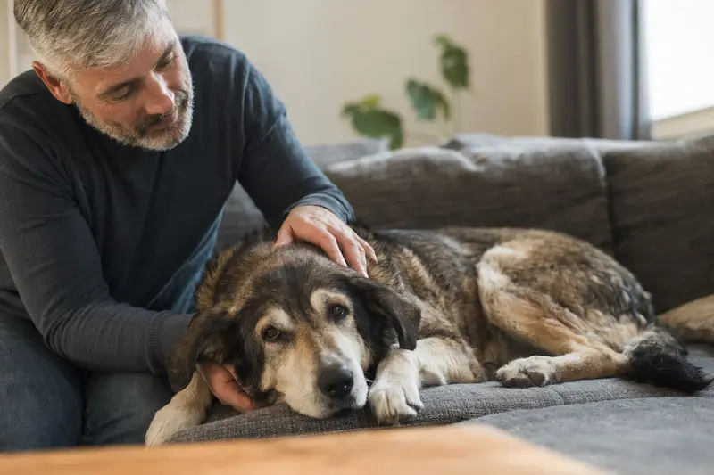 Ein älterer Karakatschan Hund liegt entspannt auf einem gemütlichen Sofa, während sein Besitzer ihn liebevoll streichelt.