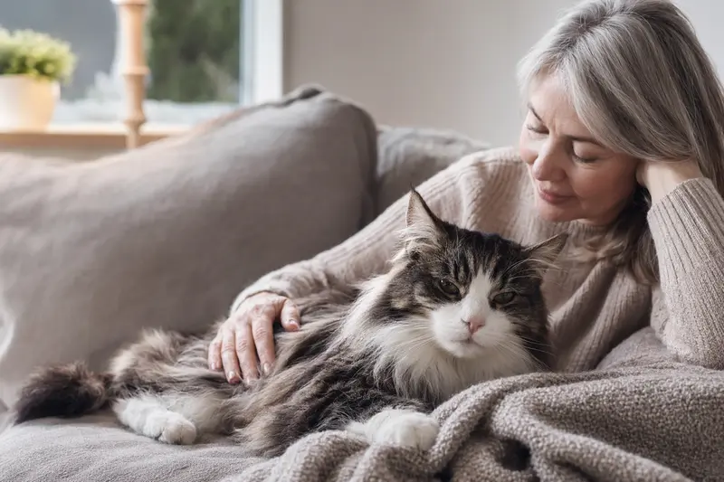 Eine ältere Karelische Bobtail Langhaar Katze liegt entspannt auf einem gemütlichen Sofa, während ihr Besitzer sie liebevoll streichelt.
