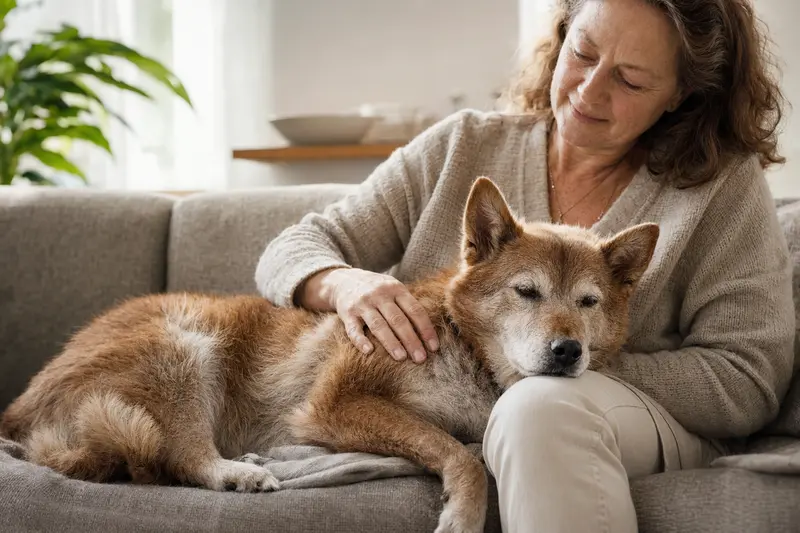 Ein älterer Karelo-Finnish Laika liegt entspannt auf einem Sofa, während sein Besitzer ihn liebevoll streichelt.