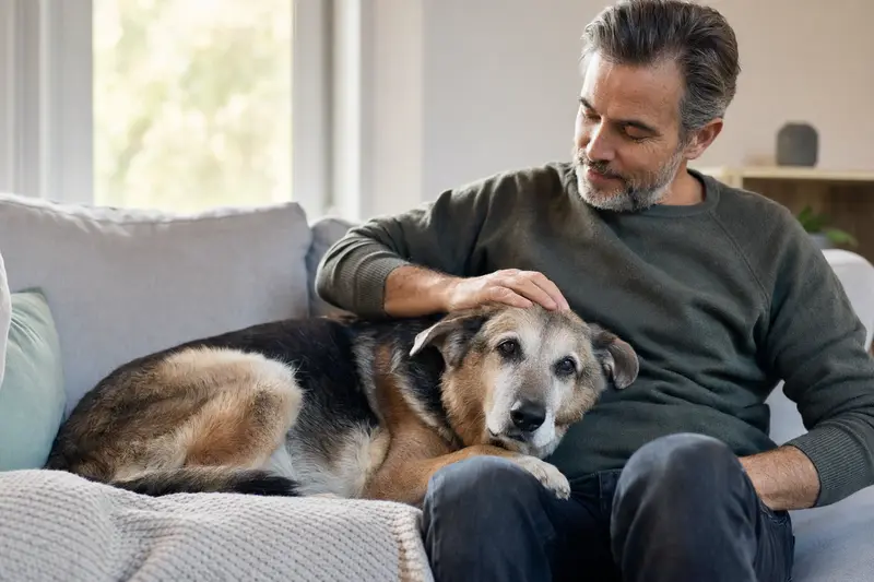 Ein älterer Karst Schäferhund liegt entspannt auf einem Sofa, während sein Besitzer ihn liebevoll streichelt und eine warme Atmosphäre schafft.