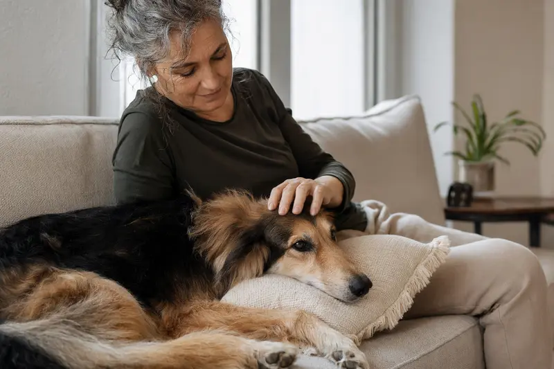 Ein älterer Kasachskaja Tazi Hund liegt entspannt auf einem Sofa, während sein Besitzer ihn liebevoll streichelt.