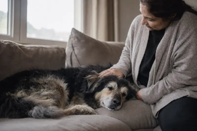 Älterer Kashmiri Bakharwal Dog liegt entspannt auf einem Sofa, während sein Besitzer ihn liebevoll streichelt.