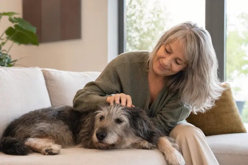 Älterer Katalanischer Schäferhund liegt entspannt auf einem gemütlichen Sofa, während sein Besitzer ihn liebevoll streichelt.