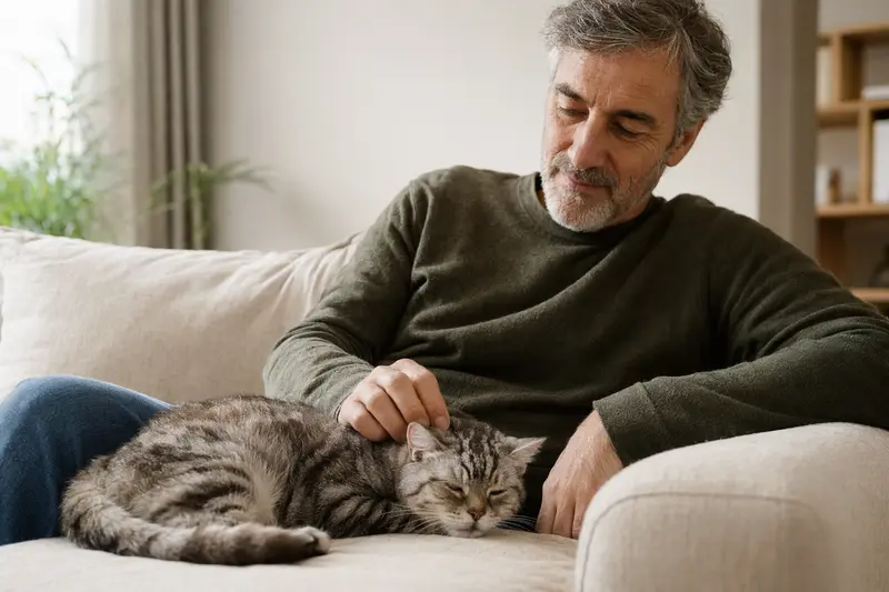 Eine ältere Tiffany Katze entspannt auf einem gemütlichen Sofa, während ihr Besitzer sie liebevoll streichelt.
