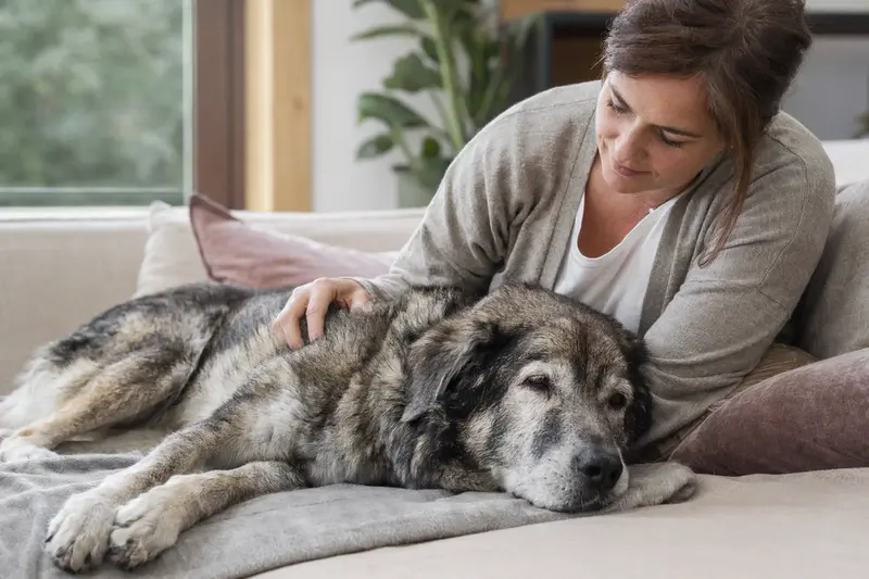 Ein älterer Kaukasischer Hirtenhund liegt entspannt auf einem gemütlichen Sofa, während sein Besitzer ihn liebevoll streichelt.